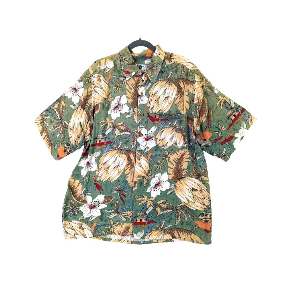 Hana Bay Island Style Men size M Shirt Green Short Sleeve Beach Button Hawaiian